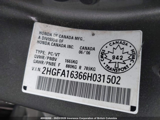 Продаж на аукціоні авто 2006 Honda Civic Dx Vp, vin: 2HGFA16366H031502, номер лоту: 40086066