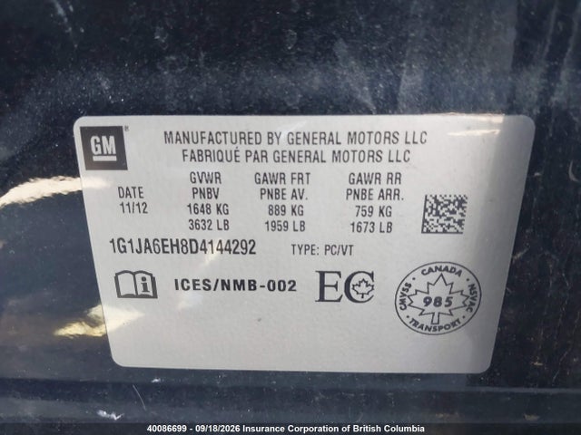 Aukcja sprzedaży 2013 Chevrolet Sonic, vin: 1G1JA6EH8D4144292, numer aukcji: 40086699