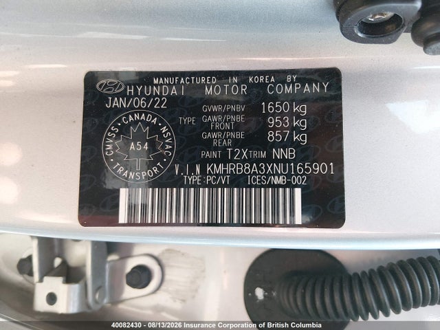 40082430 :رقم المزاد ، KMHRB8A3XNU165901 vin ، 2022 Hyundai Venue Se مزاد بيع