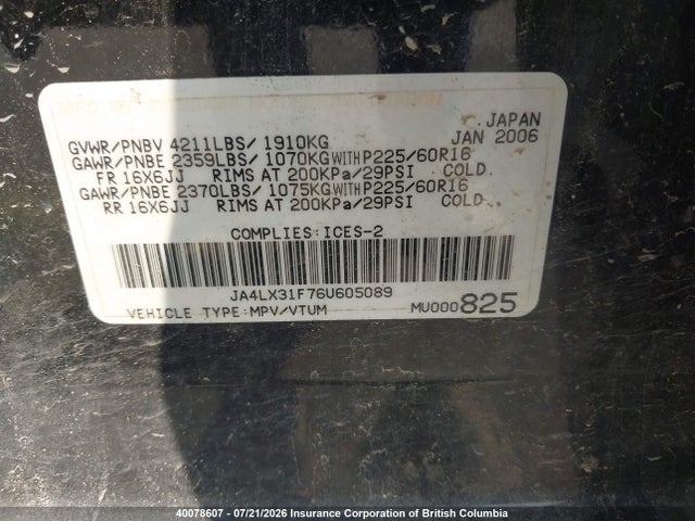 40078607 :رقم المزاد ، JA4LX31F76U605089 vin ، 2006 Mitsubishi Outlander Ls مزاد بيع