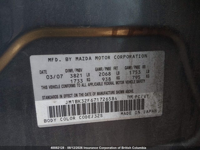 40082128 :رقم المزاد ، JM1BK32F671726584 vin ، 2007 Mazda 3 I مزاد بيع