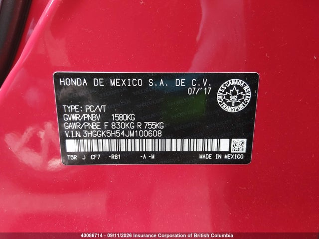 3HGGK5H54JM100608 Honda Fit
