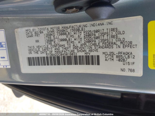 40086716 :رقم المزاد ، 5TDBA22C04S016033 vin ، 2004 Toyota Sienna Xle/xle Limited مزاد بيع