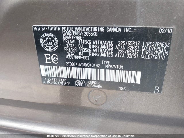 40086720 :رقم المزاد ، 2T3DF4DV0AW040492 vin ، 2010 Toyota Rav4 مزاد بيع