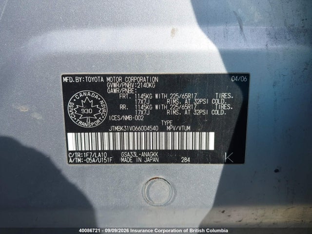 40086721 :رقم المزاد ، JTMBK31V066004540 vin ، 2006 Toyota Rav4 مزاد بيع