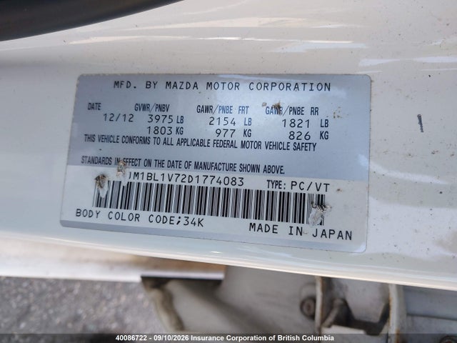 Aukcja sprzedaży 2013 Mazda Mazda3 Gs-sky, vin: JM1BL1V72D1774083, numer aukcji: 40086722