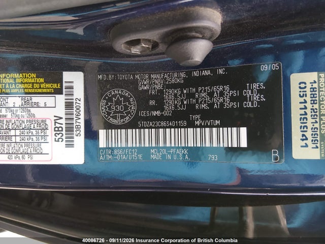 2006 Toyota Sienna Ce/le მანქანა იყიდება აუქციონზე, vin: 5TDZA23C86S401159, აუქციონის ნომერი: 40086726