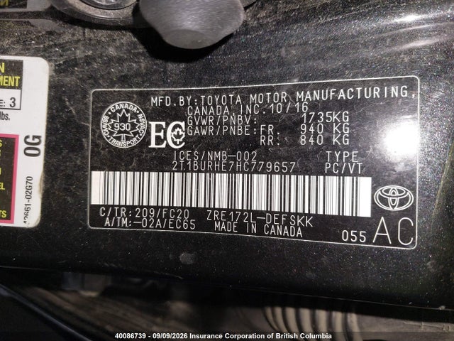 40086739 :رقم المزاد ، 2T1BURHE7HC779657 vin ، 2017 Toyota Corolla L/le/xle/se/xse مزاد بيع