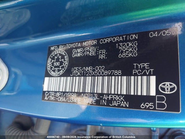 40086740 :رقم المزاد ، JTDKT123X50089788 vin ، 2005 Toyota Echo مزاد بيع