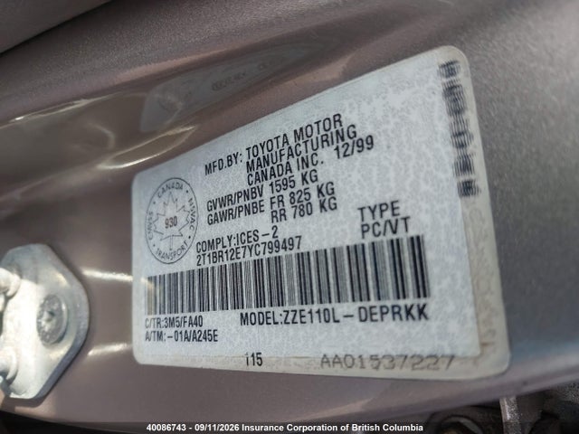 Продажа на аукционе авто 2000 Toyota Corolla Ce/le, vin: 2T1BR12E7YC799497, номер лота: 40086743