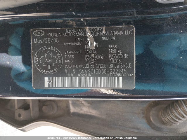 40086751 :رقم المزاد ، 5NMSG13D38H222245 vin ، 2008 Hyundai Santa Fe Gls مزاد بيع