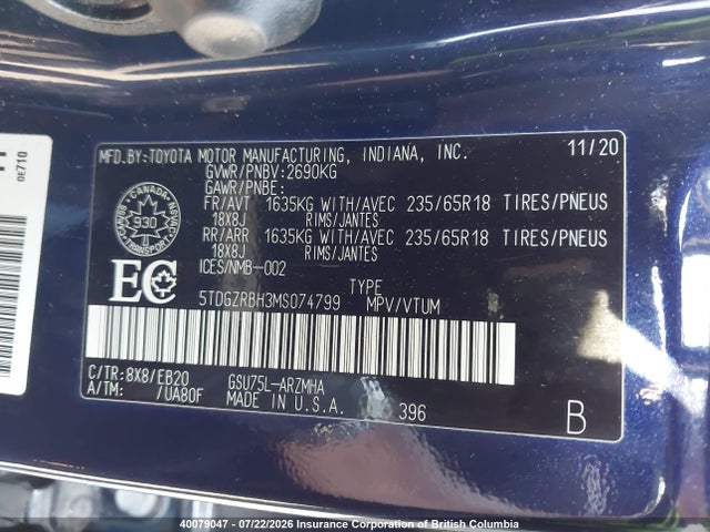 Toyota Highlander Xle 2021 5TDGZRBH3MS074799 Image 9