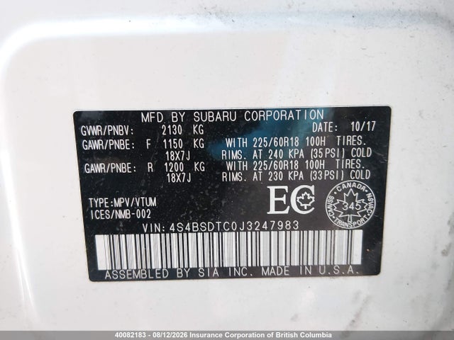 2018 Subaru Outback Touring მანქანა იყიდება აუქციონზე, vin: 4S4BSDTC0J3247983, აუქციონის ნომერი: 40082183