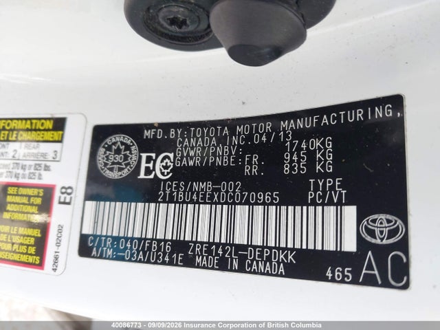 40086773 :رقم المزاد ، 2T1BU4EEXDC070965 vin ، 2013 Toyota Corolla S/le مزاد بيع