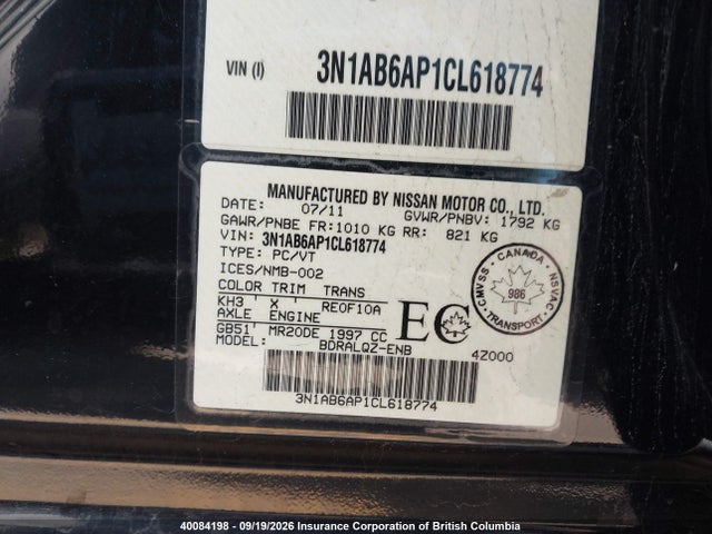 Aukcja sprzedaży 2012 Nissan Sentra 2.0/2.0s/sr/2.0sl, vin: 3N1AB6AP1CL618774, numer aukcji: 40084198