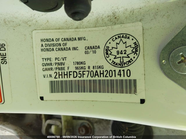 40086788 :رقم المزاد ، 2HHFD5F70AH201410 vin ، 2010 Acura Csx مزاد بيع