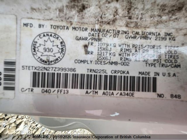 40086790 :رقم المزاد ، 5TETX22N27Z399386 vin ، 2007 Toyota Tacoma Access Cab مزاد بيع