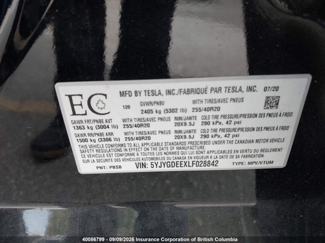 Aukcja sprzedaży 2020 Tesla Model Y, vin: 5YJYGDEEXLF028842, numer aukcji: 40086799
