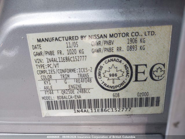 2006 Nissan Altima S/sl მანქანა იყიდება აუქციონზე, vin: 1N4AL11E86C152777, აუქციონის ნომერი: 40086805