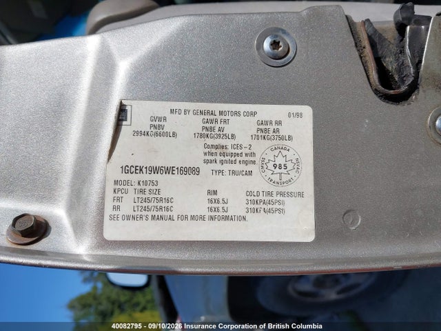 Продажа на аукционе авто 1998 Chevrolet K1500 Cheyenne/silverado, vin: 1GCEK19W6WE169089, номер лота: 40082795