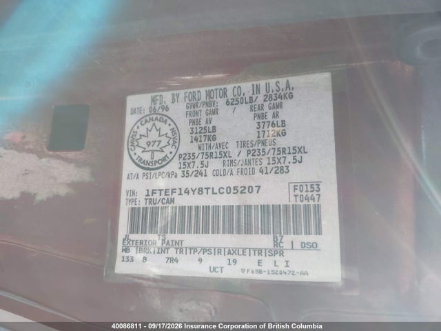 40086811 :رقم المزاد ، 1FTEF14Y8TLC05207 vin ، 1996 Ford F150 مزاد بيع