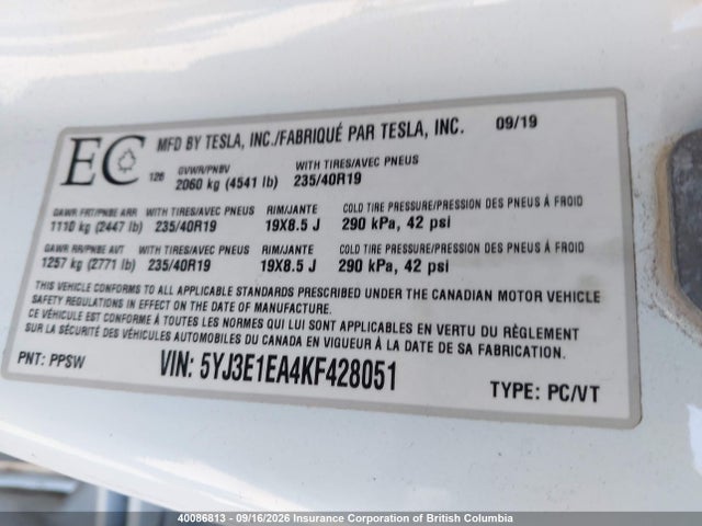 Tesla MODEL 3 2019 5YJ3E1EA4KF428051 Image 17