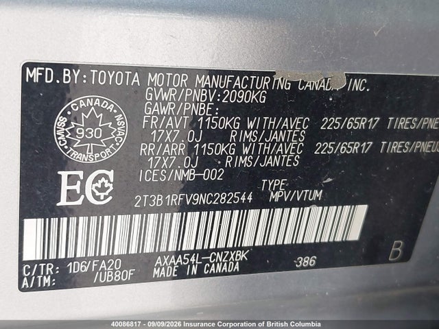 Продаж на аукціоні авто 2022 Toyota Rav4, vin: 2T3B1RFV9NC282544, номер лоту: 40086817