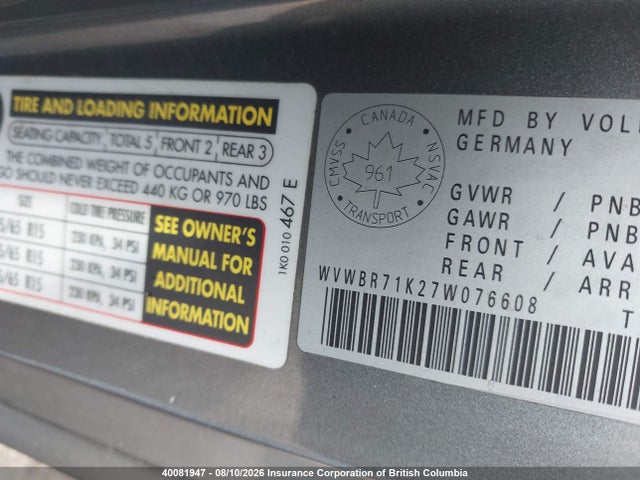 40081947 :رقم المزاد ، WVWBR71K27W076608 vin ، 2007 Volkswagen Rabbit مزاد بيع
