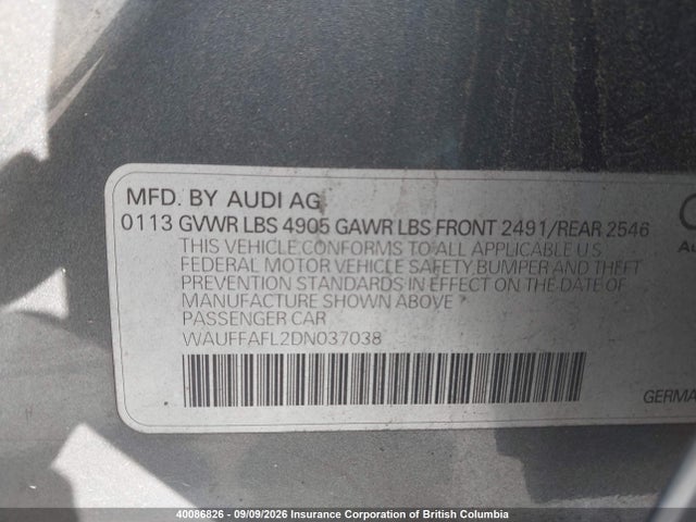40086826 :رقم المزاد ، WAUFFAFL2DN037038 vin ، 2013 Audi A4 مزاد بيع