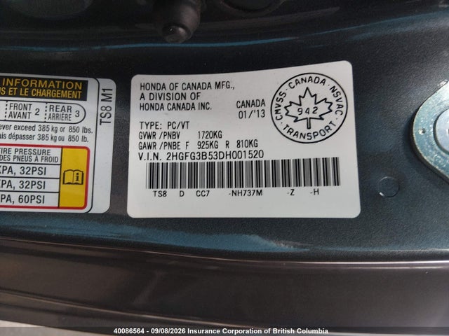 Aukcja sprzedaży 2013 Honda Civic Lx, vin: 2HGFG3B53DH001520, numer aukcji: 40086564
