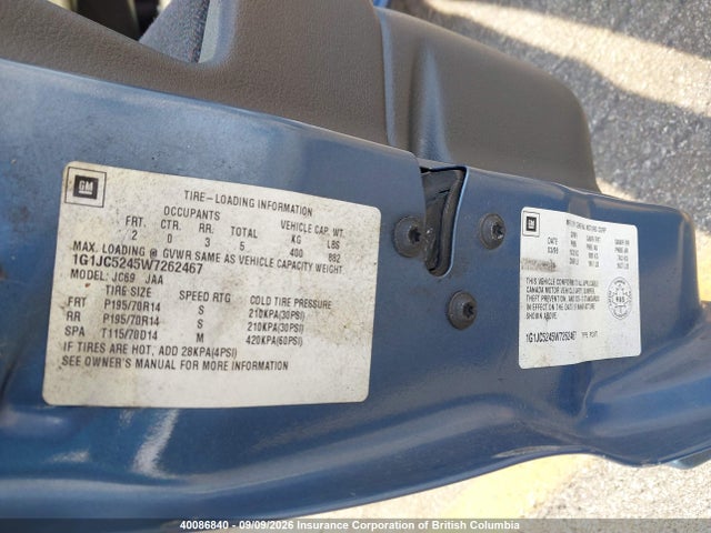 40086840 :رقم المزاد ، 1G1JC5245W7262467 vin ، 1998 Chevrolet Cavalier مزاد بيع