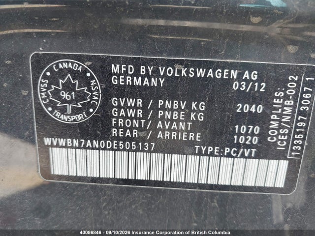 40086846 :رقم المزاد ، WVWBN7AN0DE505137 vin ، 2013 Volkswagen Cc Sportline مزاد بيع