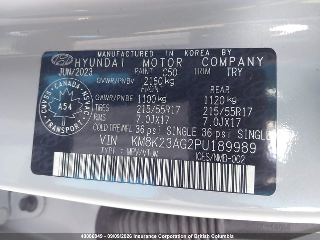 Aukcja sprzedaży 2023 Hyundai Kona, vin: KM8K23AG2PU189989, numer aukcji: 40086849