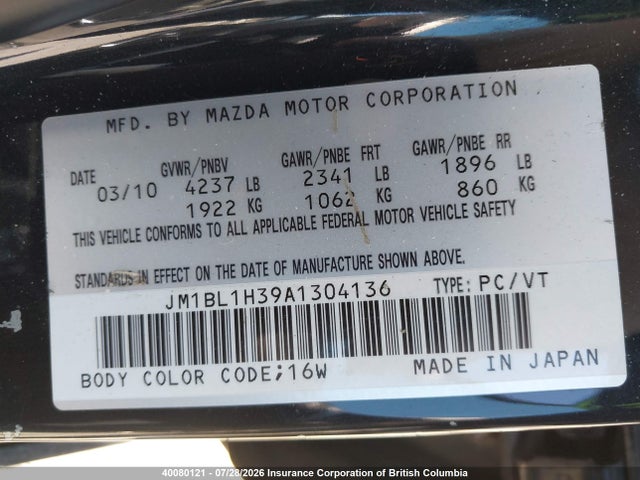 40080121 :رقم المزاد ، JM1BL1H39A1304136 vin ، 2010 Mazda Speed 3 مزاد بيع