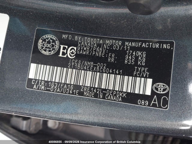 40086855 :رقم المزاد ، 2T1BU4EEXBC604141 vin ، 2011 Toyota Corolla S/le مزاد بيع