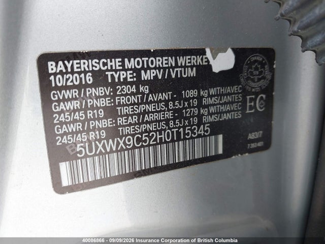 BMW X3 2017 5UXWX9C52H0T15345 Image 9