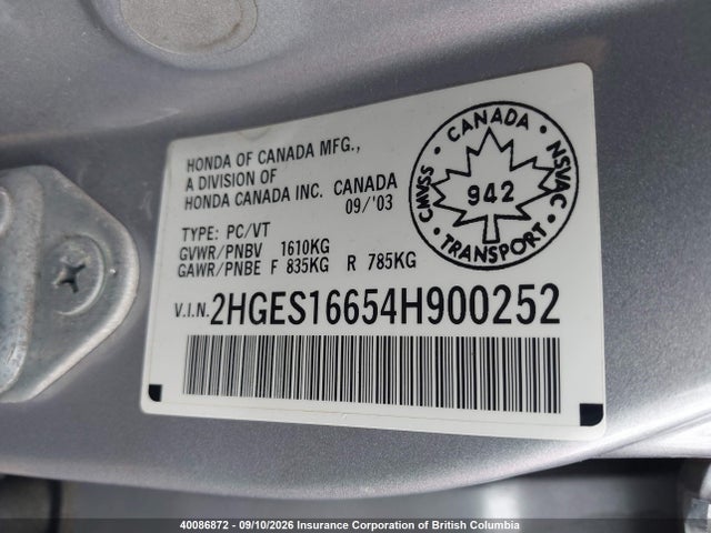 Aukcja sprzedaży 2004 Honda Civic, vin: 2HGES16654H900252, numer aukcji: 40086872