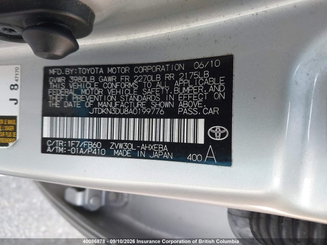 Продаж на аукціоні авто 2010 Toyota Prius, vin: JTDKN3DU8A0199776, номер лоту: 40086878