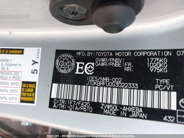 40081281 :رقم المزاد ، JTDKBRFU0G3022333 vin ، 2016 Toyota Prius مزاد بيع