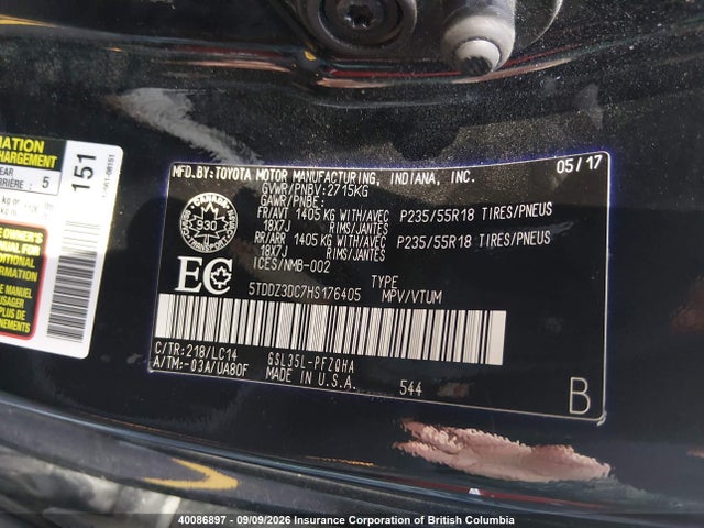 5TDDZ3DC7HS176405 Toyota Sienna Xle 7 Passenger