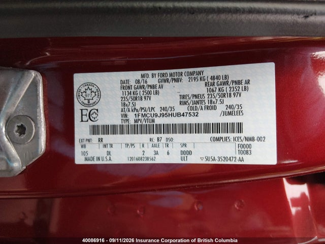 40086916 :رقم المزاد ، 1FMCU9J95HUB47532 vin ، 2017 Ford Escape Titanium مزاد بيع