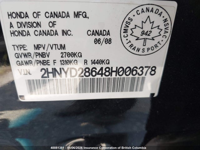 40081381 :رقم المزاد ، 2HNYD28648H006378 vin ، 2008 Acura Mdx Technology مزاد بيع
