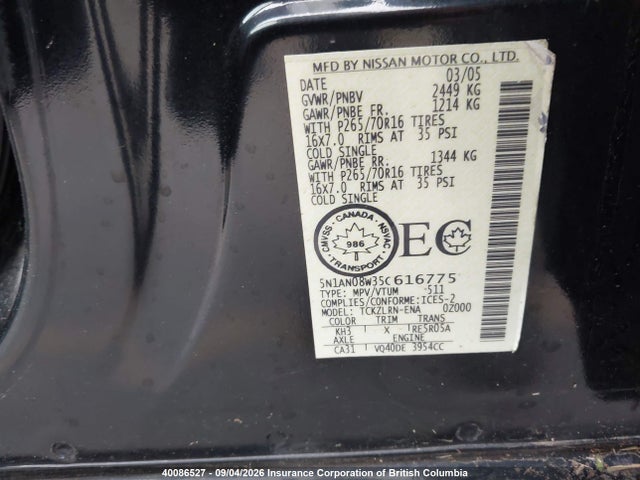 40086527 :رقم المزاد ، 5N1AN08W35C616775 vin ، 2005 Nissan Xterra Off Road/s/se مزاد بيع