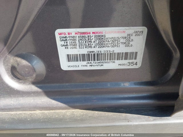 Aukcja sprzedaży 2008 Mitsubishi Outlander Es, vin: JA4LT21W58Z602736, numer aukcji: 40086942
