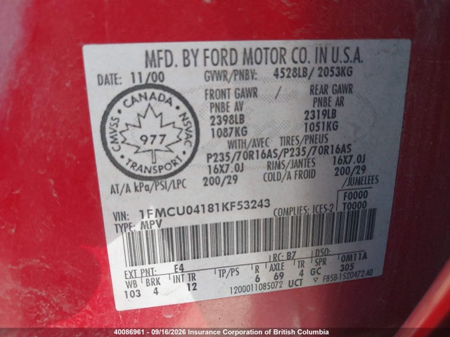 Продажа на аукционе авто 2001 Ford Escape Xlt, vin: 1FMCU04181KF53243, номер лота: 40086961