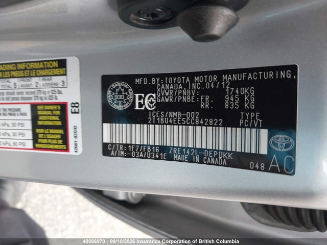 40086970 :رقم المزاد ، 2T1BU4EE5CC842822 vin ، 2012 Toyota Corolla S/le مزاد بيع