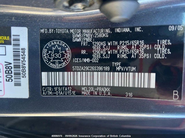 40086976 :رقم المزاد ، 5TDZA29C26S396189 vin ، 2006 Toyota Sienna Ce مزاد بيع