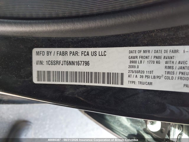 Продаж на аукціоні авто 2022 Ram 1500 Laramie, vin: 1C6SRFJT6NN167796, номер лоту: 40085387