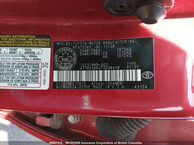 Продаж на аукціоні авто 2007 Toyota Camry, vin: 4T1BE46K07U098438, номер лоту: 40087015