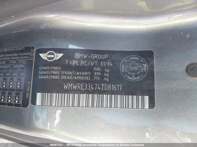 Продажа на аукционе авто 2004 Mini Cooper S, vin: WMWRE33474TD81617, номер лота: 40087021